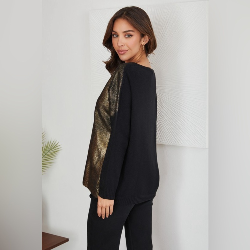 (MK053-BLK) GOLDSPRAY LONG SLEEVE LIGHTWEIGHT V-NECK SWEATER - Picture 3 of 4